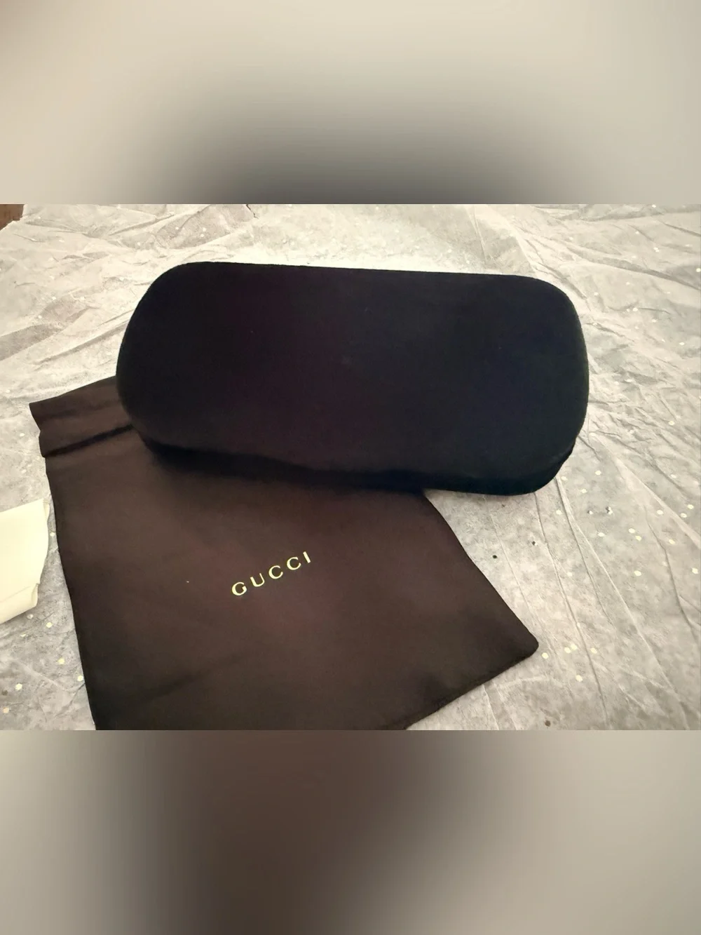 Gucci Black Exterior Sunglasses Case with Blue Interior and White Soft Pouch